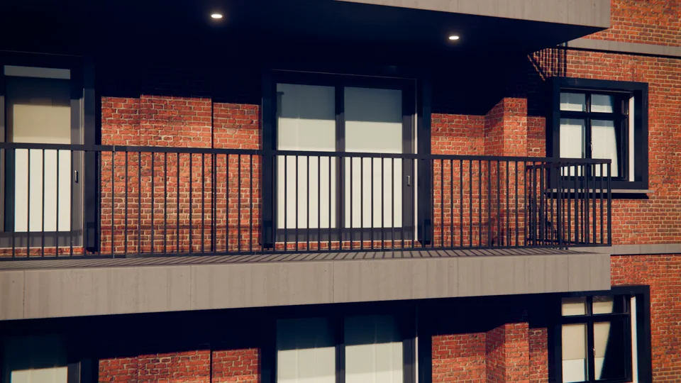 Tuğla cephe ve koyu metal balkon korkuluğu detayı