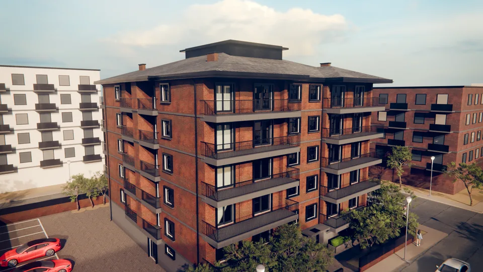 Konut kütlesi ve çevresinin yüksek açıdan render görünümü