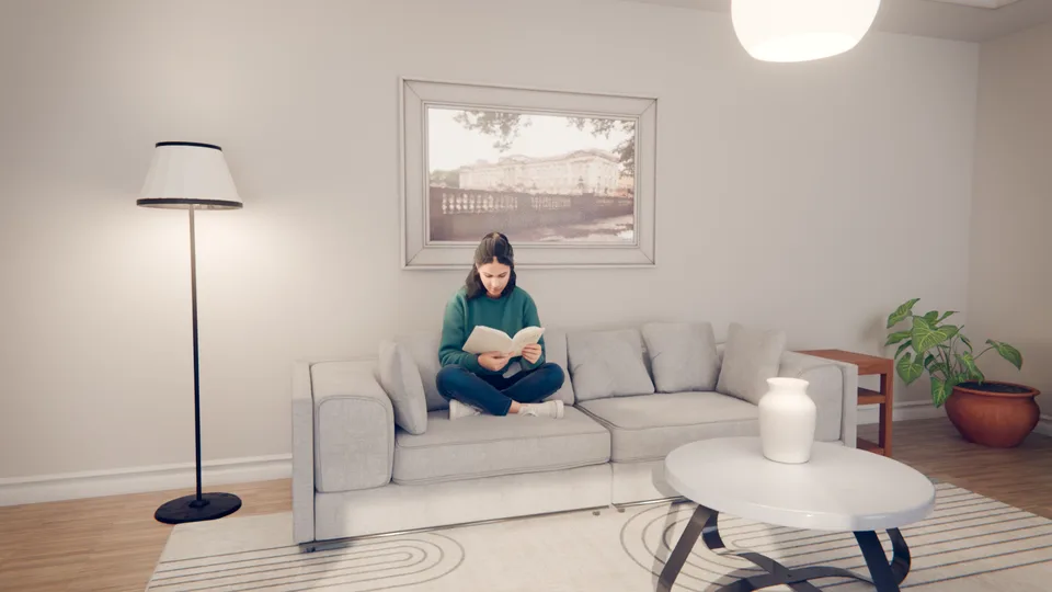 Açık renk koltuk ve doğal ışıkla tasarlanan salonun render görünümü